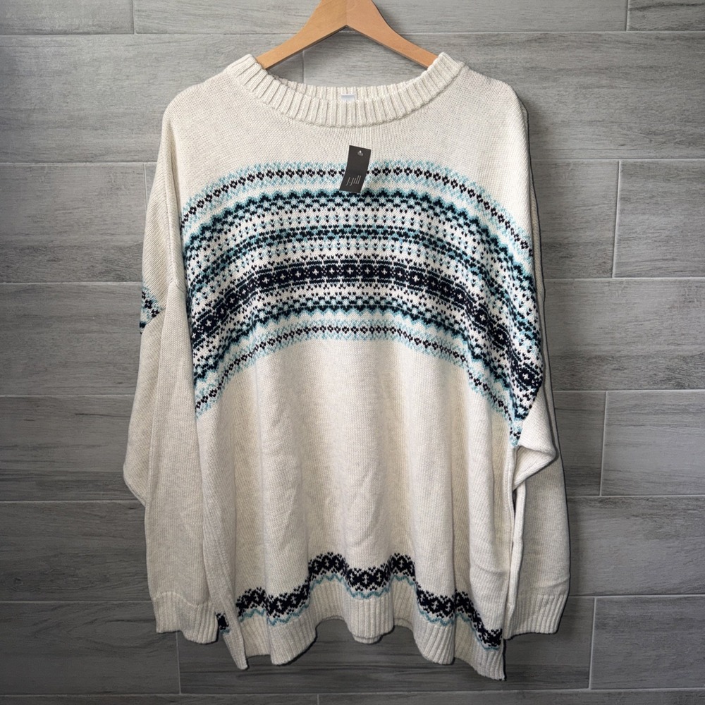 J. Jill Relaxed Fair Isle Crewneck Sweater Size 2X NWT Cotton Blend Oatmeal Teal